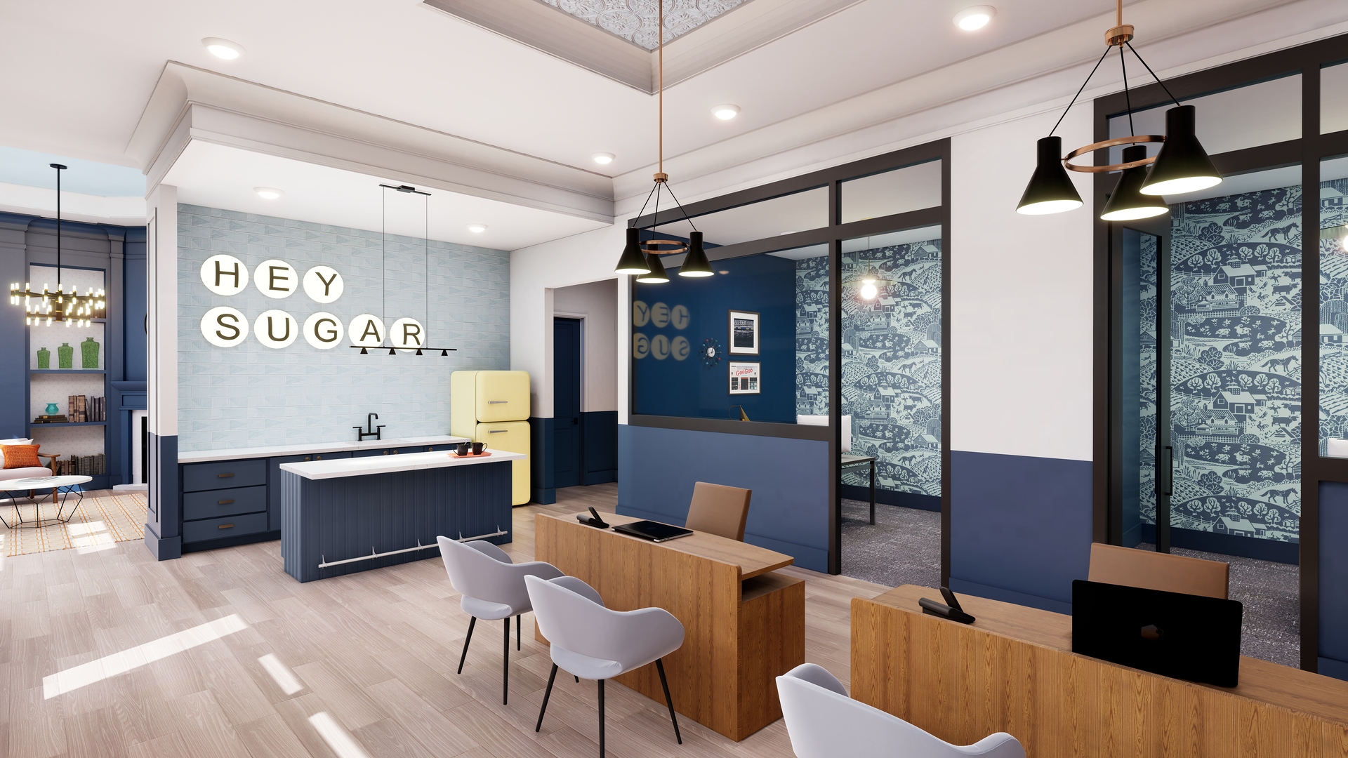 Leasing Lobby at Broadstone Sugar Hill Rendering "Hey Sugar" is spelled out on the left side wall